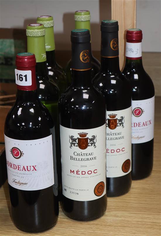 Three bottles of Cotes de Gascogne and two Chateau Belgrave and three Bordeaux Fontagnac